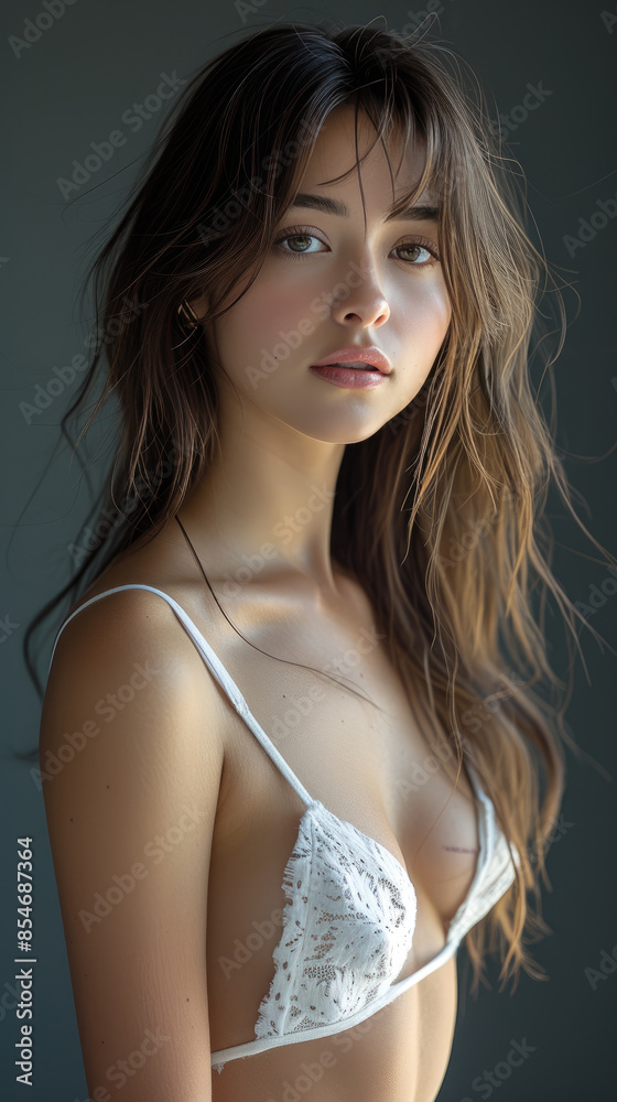 Girl with long hair poses in white one-piece swimsuit against light gray studio background, enhanced by rim lighting, Ai Generated. Girl with long hair poses in white one-piece swimsuit against light gray studio background, enhanced by rim lighting, Ai Generated.