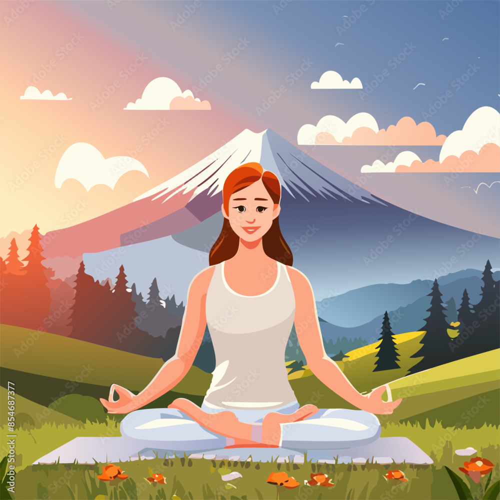 Woman doling meditation yoga at nature mountain in beautiful sunset. Relax healthy lifestyle concept, Vector illustration Woman doling meditation yoga at nature mountain in beautiful sunset. Relax healthy lifestyle concept, Vector illustration