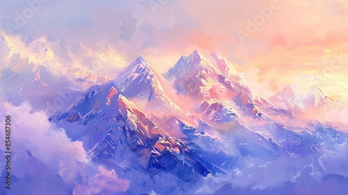 Mountain landscape with snow-capped peaks, gentle slopes, and a pastel sunset casting a warm glow over the scene.