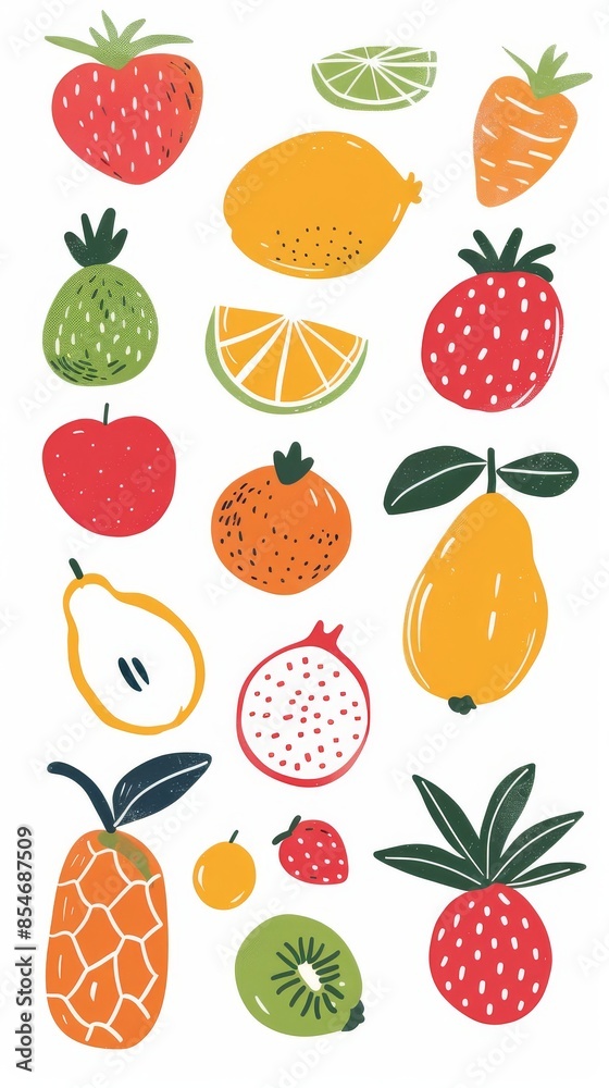 strawberry, orange, banana cherry, lime, lemon, kiwi, plums, apples, watermelon, pomegranate, papaya, pear, pear on white background. strawberry, orange, banana cherry, lime, lemon, kiwi, plums, apples, watermelon, pomegranate, papaya, pear, pear on white background.