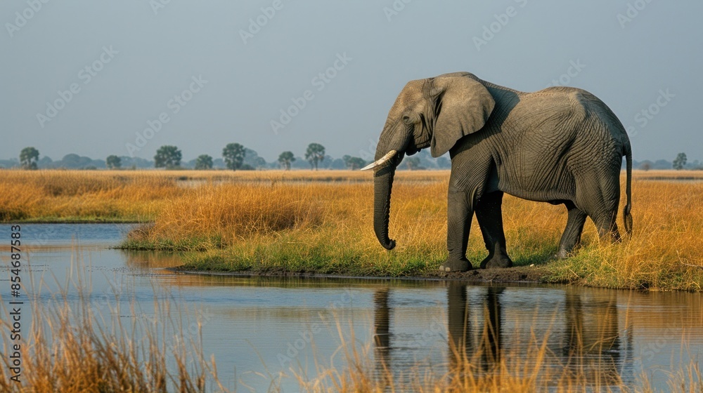 Obraz premium Elephant Drinking From a Waterhole
