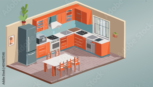 Modern cutaway interior Living room interior or badroom in isometric view vector illustration