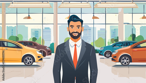 car salesman stand near new modern auto, inside a dealership showroom. Vector illustration