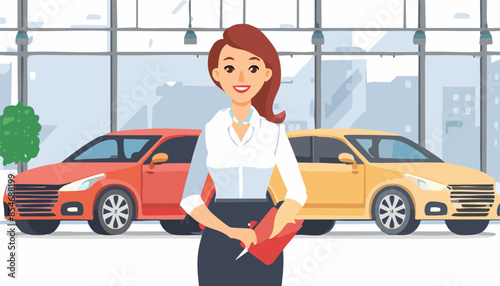 smiling female dealer  standing near modern automobile in car showroom dealership store. vector illustration