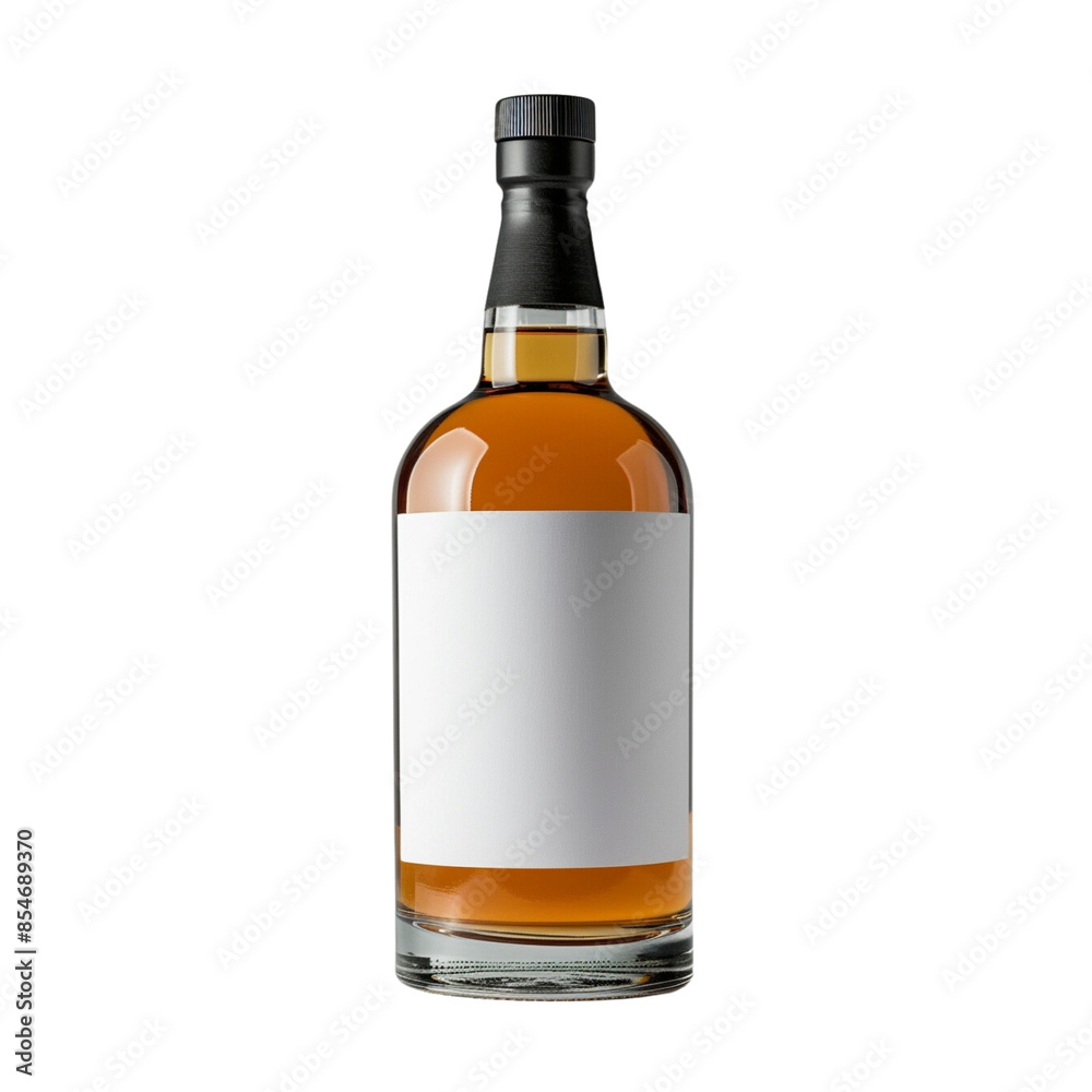 Whiskey bottle with blank white label on front on a transparent background Whiskey bottle with blank white label on front on a transparent background