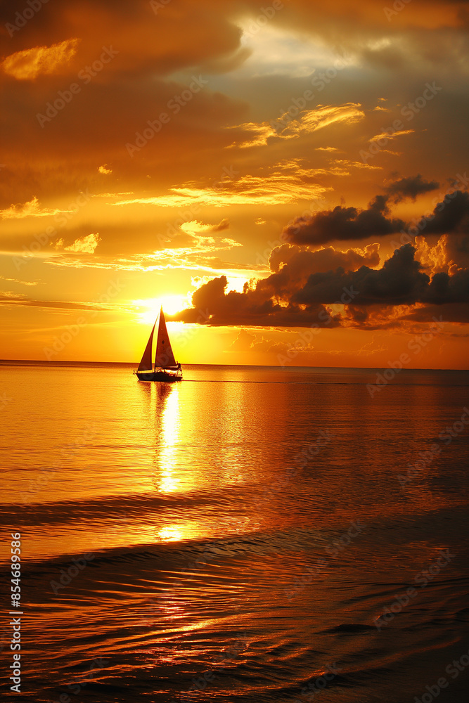 Fototapeta premium Sailboat at sea at sunset