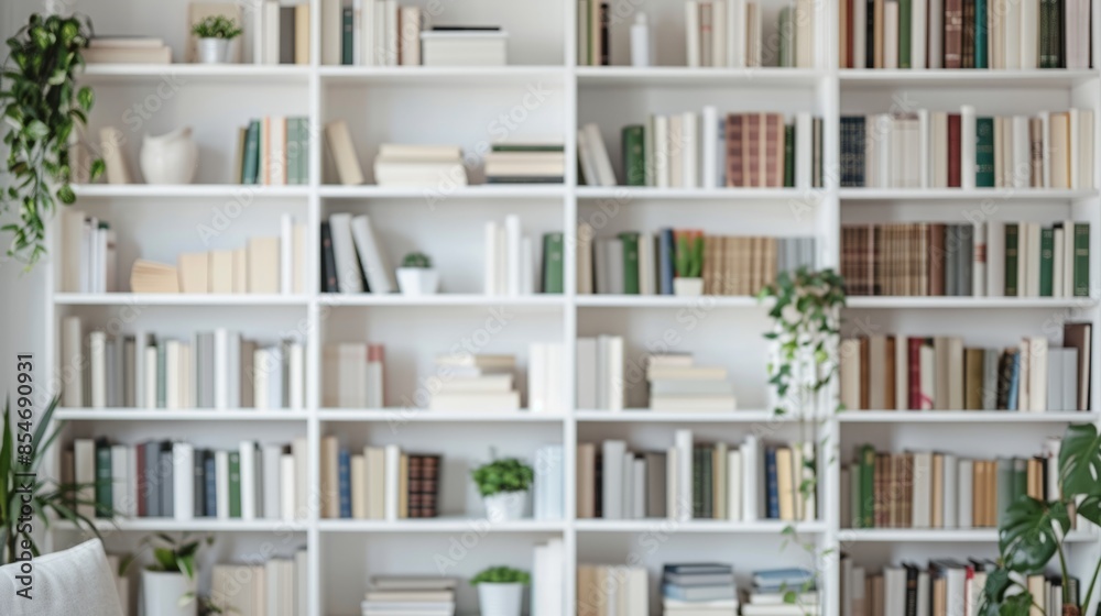 Blurred background of a home library with white bookshelves full of books and plants Blurred background of a home library with white bookshelves full of books and plants