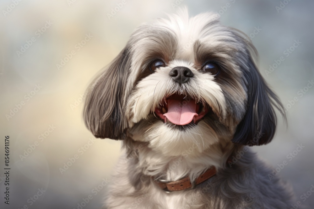 Portrait of a happy shih tzu isolated on soft gray background Portrait of a happy shih tzu isolated on soft gray background