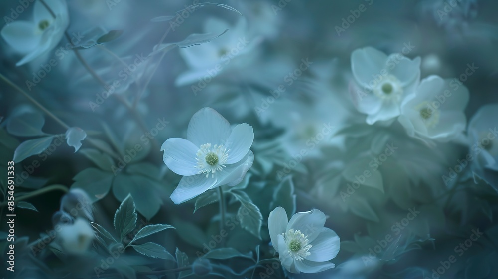 Cluster of night-blooming flowers, close view, misty evening, soft focus, pale palette, peaceful, magical Cluster of night-blooming flowers, close view, misty evening, soft focus, pale palette, peaceful, magical