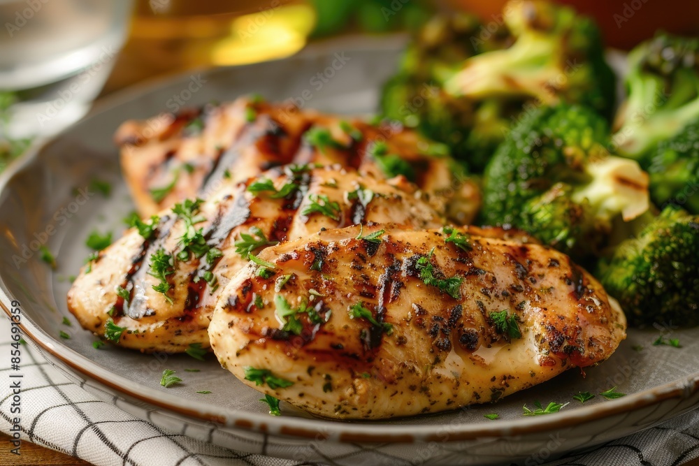A beautifully arranged plate of grilled chicken with a side of steamed broccoli A beautifully arranged plate of grilled chicken with a side of steamed broccoli
