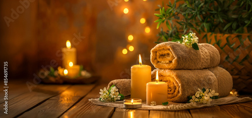 La composición del concepto de spa y bienestar con toallas marrones, velas y sal marina sobre fondo oscuro con espacio para copiar texto. hermoso entorno de spa, elementos de spa, fotografía profesion