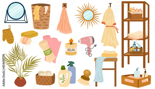 Bathroom stuff set. Home bath items, potted room plants, cosmetic bottles, towels, laundry basket, bathrobe, decoration for modern interior. Flat vector illustrations isolated on white background