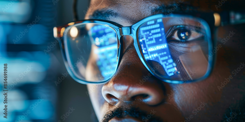 A man wearing glasses is looking at a computer screen with a blue screen A man wearing glasses is looking at a computer screen with a blue screen