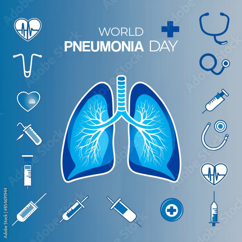 World Pneumonia Day graphic featuring an illustration of healthy lungs highlighted in a calming blue, set against a backdrop of medical icons like stethoscopes and syringes.