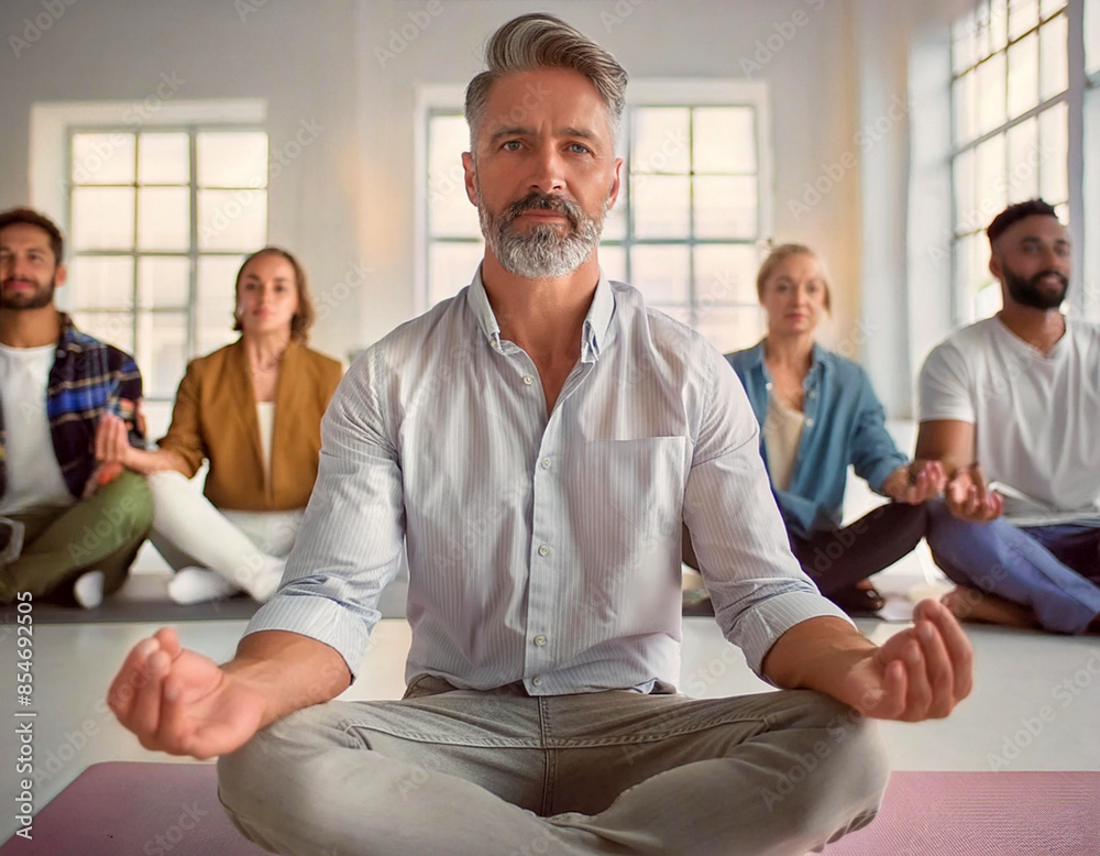 Senior bearded man enjoying yoga with group embodying peace and wellness in a bright studio