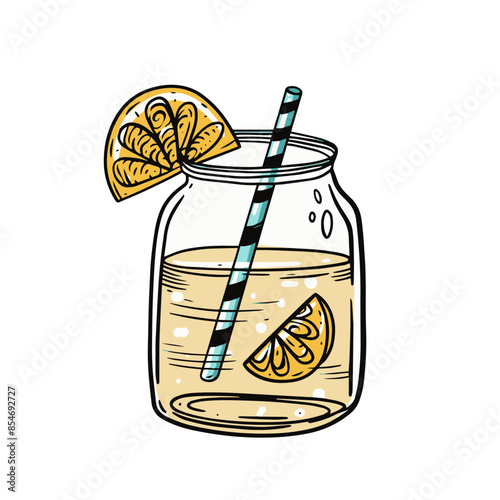 Delicious Lemonade in a jar with lemon slices and a striped straw, ideal for a vibrant summer drink