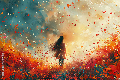 Watercolor illustration of beautiful woman in elegant peach pink dress with rose petals falling around her, soft pastel light