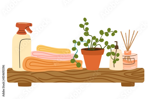 Wood bathroom shelf with towel stack, cosmetic products. Bath cosmetics, stuff, toiletries, cream jar, spray, gel bottle and potted plant. Flat vector illustration isolated on white background