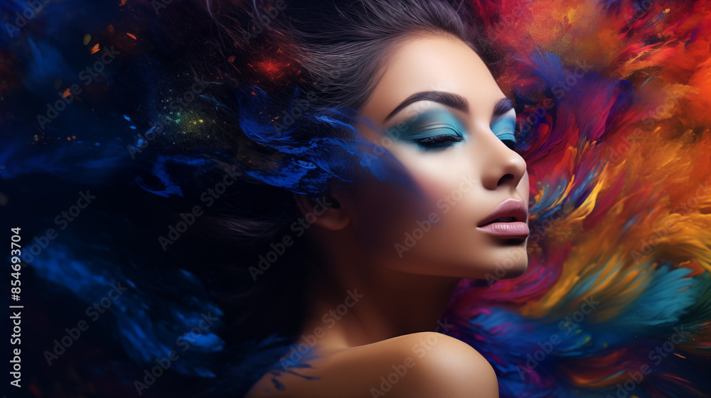 Beautiful woman, girl. Female model with Extraordinary amazing Hairstyle and Flawless professional Makeup. AI Generative. Beautiful woman, girl. Female model with Extraordinary amazing Hairstyle and Flawless professional Makeup. AI Generative.