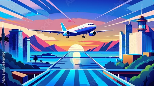 airplane landing at airport. vector illustration in cartoon style. travel concept