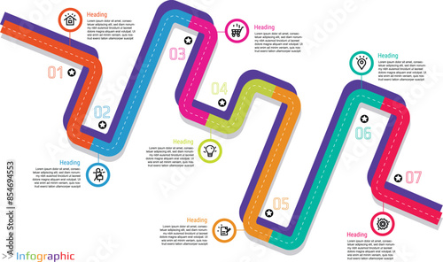 Infographic timeline for business template. Presentation concept with infographic timeline steps in colorful road or street. 