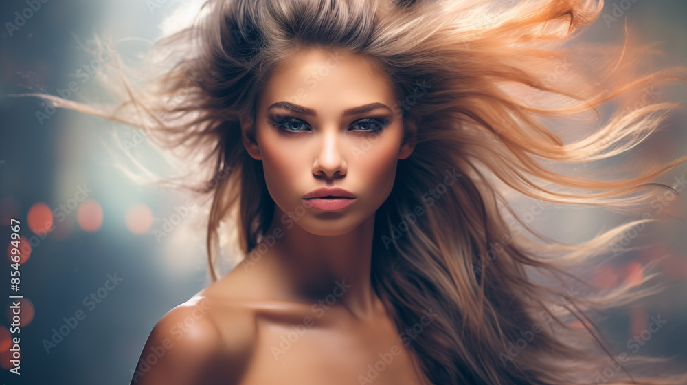Fototapeta premium Beautiful woman, girl. Female model with Extraordinary amazing Hairstyle and Flawless professional Makeup. AI Generative.