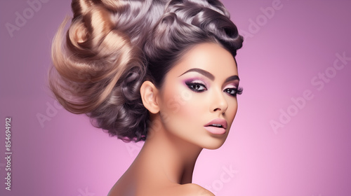 Beautiful woman, girl. Female model with Extraordinary amazing Hairstyle and Flawless professional Makeup. AI Generative.