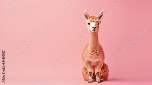 A cute Alpaca Cria sitting on a solid color background with space above for text