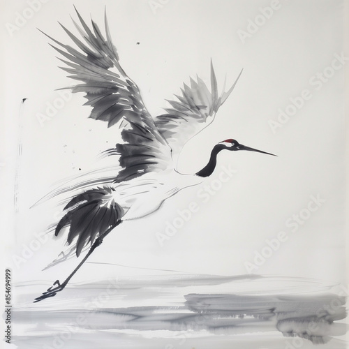 graceful crane in flight, minimalist brush strokes, tranquil and elegant, japanese sumi-e style
