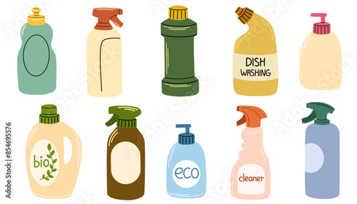 Chemical detergents in plastic bottles. Home cleaning products, household liquids for cleanup, washing, cleansing in different packages, packs. Flat vector illustration isolated on white background