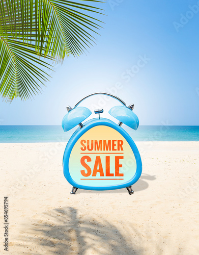 Summer sale banner on alarm clock over tropical beach background, business promotion, outdoor day light