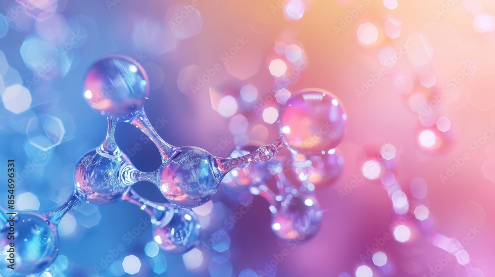 Diagonal DNA molecule and transparent droplets, shallow focus. Biochemistry, modern medicine or genetic research related 3D rendering background Diagonal DNA molecule and transparent droplets, shallow focus. Biochemistry, modern medicine or genetic research related 3D rendering background