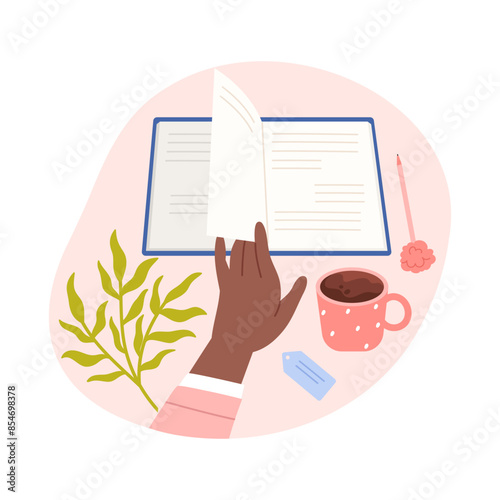 Hand turning page of open book, woman reading paper book or magazine vector illustration