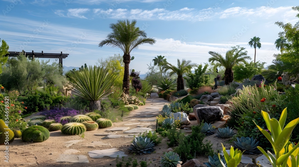 Lush Oasis Amid the Drought Resistant Plants in the Desert Landscape Lush Oasis Amid the Drought Resistant Plants in the Desert Landscape