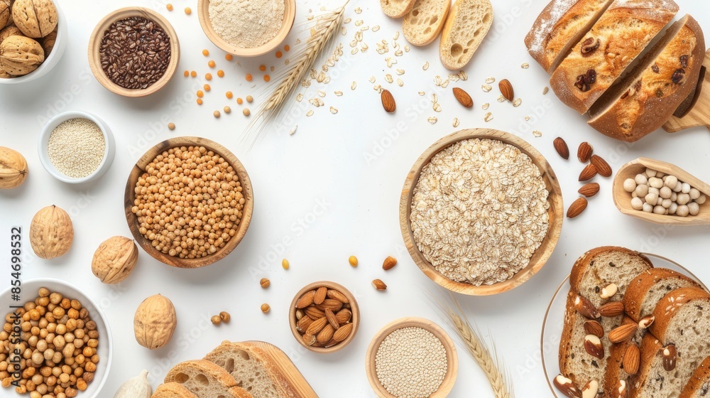 Gluten free grains and food displayed on a white background from top view Gluten free grains and food displayed on a white background from top view