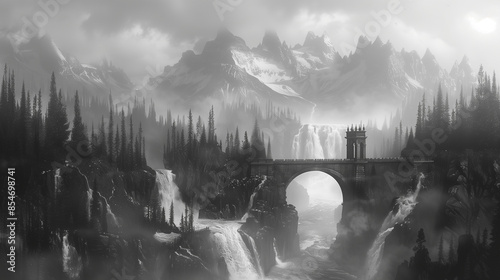 dramatic mountain landscape with ancient stone bridge, cascading waterfall, misty forest