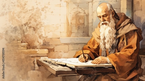 St. Jerome of Stridon Writing in 4th-Century Church, Biblical Illustration, Beige Background, Copyspace , Biblical Illustration,Christian banner photo
