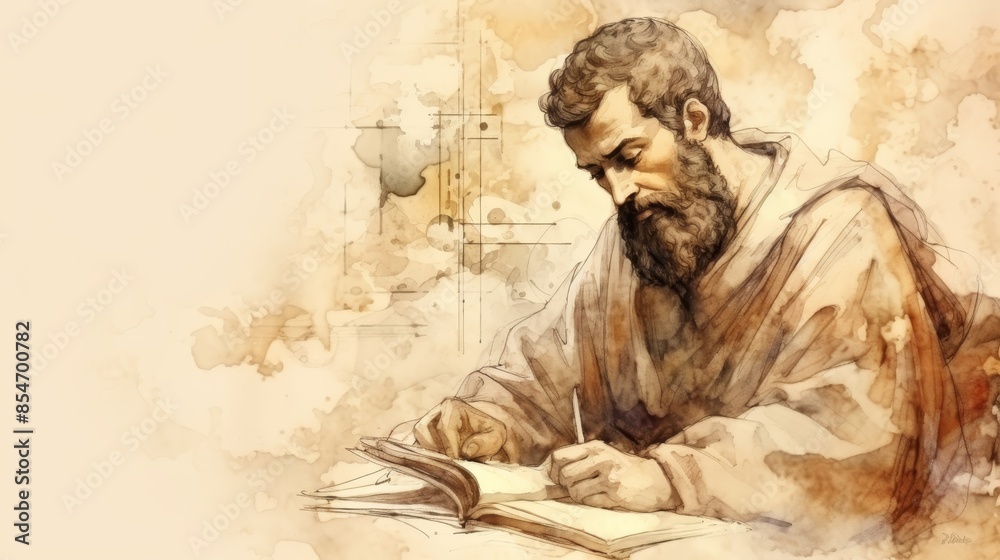 Fototapeta premium St. Justin Martyr Writing in 2nd-Century Church, Biblical Illustration, Beige Background, Copyspace , Biblical Illustration,Christian banner