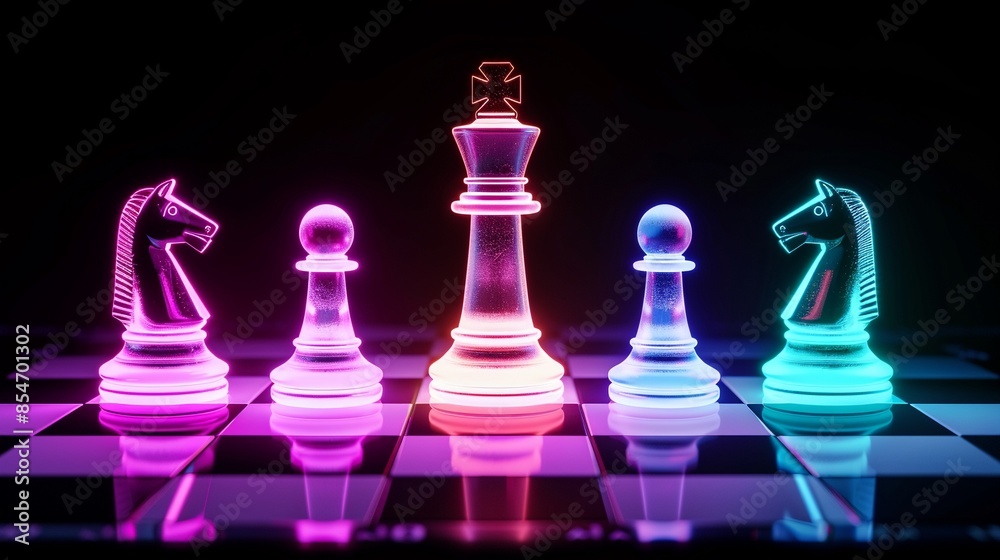 Illuminated glass chess pieces on a checkered board, glowing with vibrant neon colors, set against a dark background Illuminated glass chess pieces on a checkered board, glowing with vibrant neon colors, set against a dark background