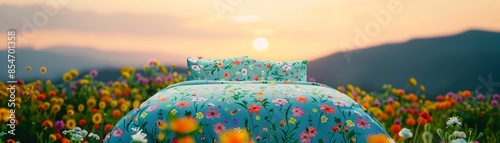 A bed with vibrant floral duvet covers in the middle of a wildflower field, surrounded by colorful blossoms under a soft sunrise photo