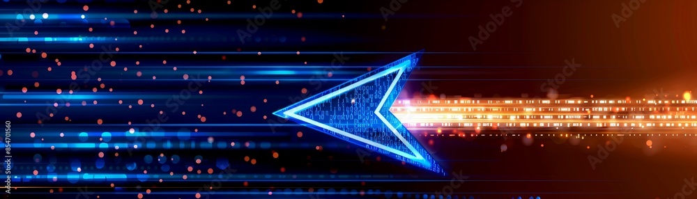 Obraz premium Illuminated blue arrow with fiery orange tail, on a dark background, depicting modern digital acceleration, energy flow, or highspeed connectivity