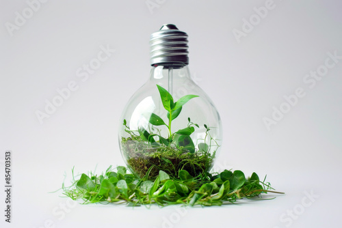 Green plant sprouting from the ground in grass, growing inside a light bulb, on white background with leaves. Concept of Renewable Energy and Sustainable Living