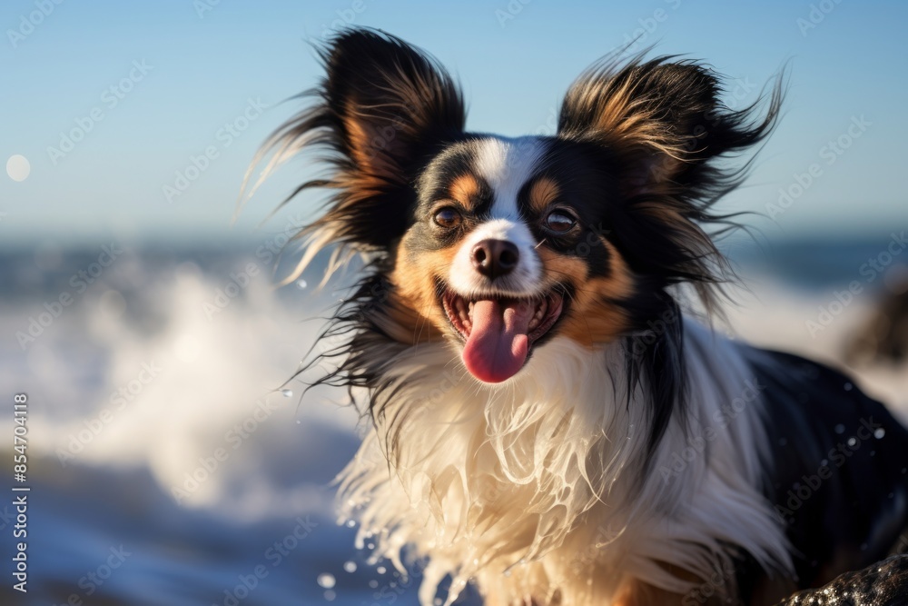 Portrait of a smiling papillon dog isolated on crashing waves background