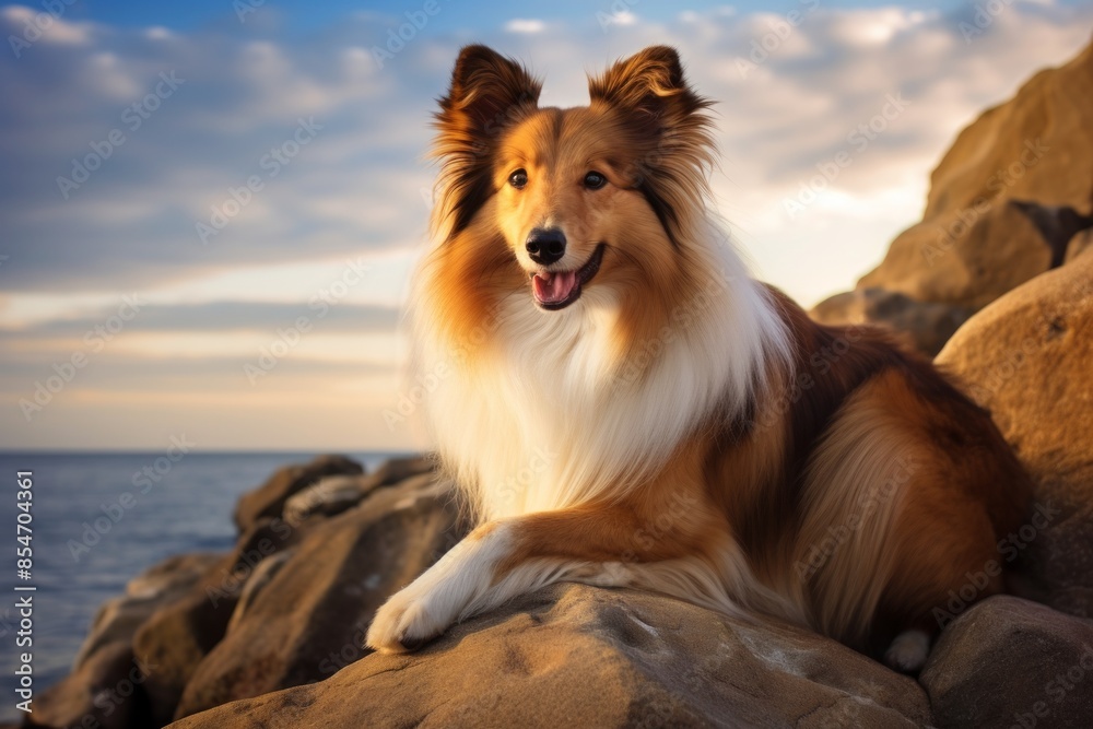 Portrait of a happy shetland sheepdog in spectacular sea cave background Portrait of a happy shetland sheepdog in spectacular sea cave background