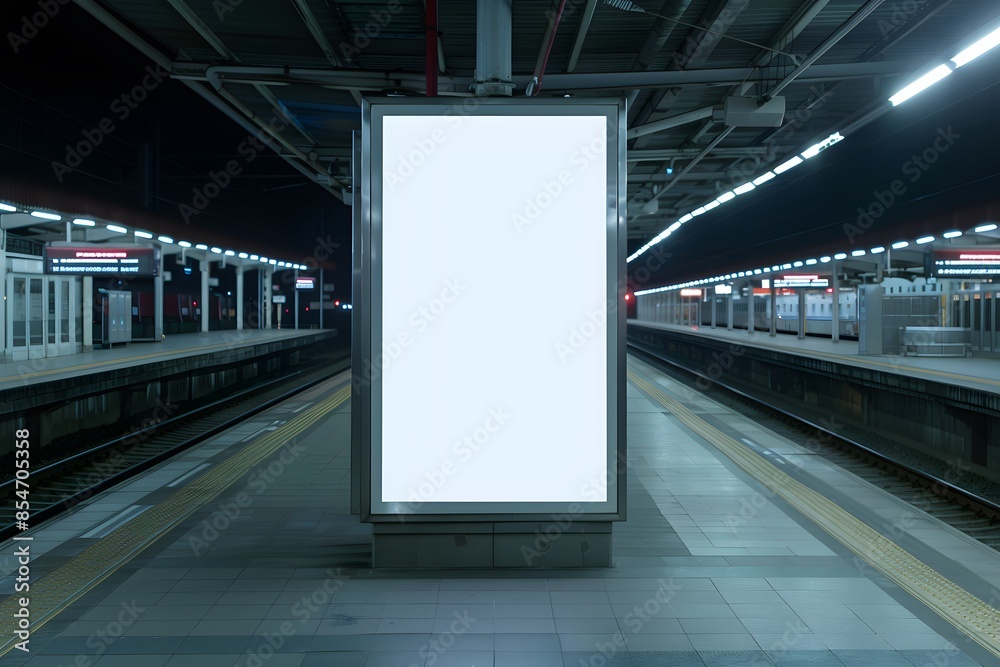 Blank advertising billboard at an empty train station platform during nighttime, suitable for mockup and advertising purposes.
