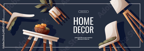 Banner design with dining table and chairs, floor lamp, houseplant. Home interior, furniture, dining room, kitchen, cafe concept. Vector illustration for banner, advertising, promo.