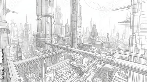 Futuristic cityscape sketch showcasing complex architecture and towering buildings in a detailed monochromatic design.