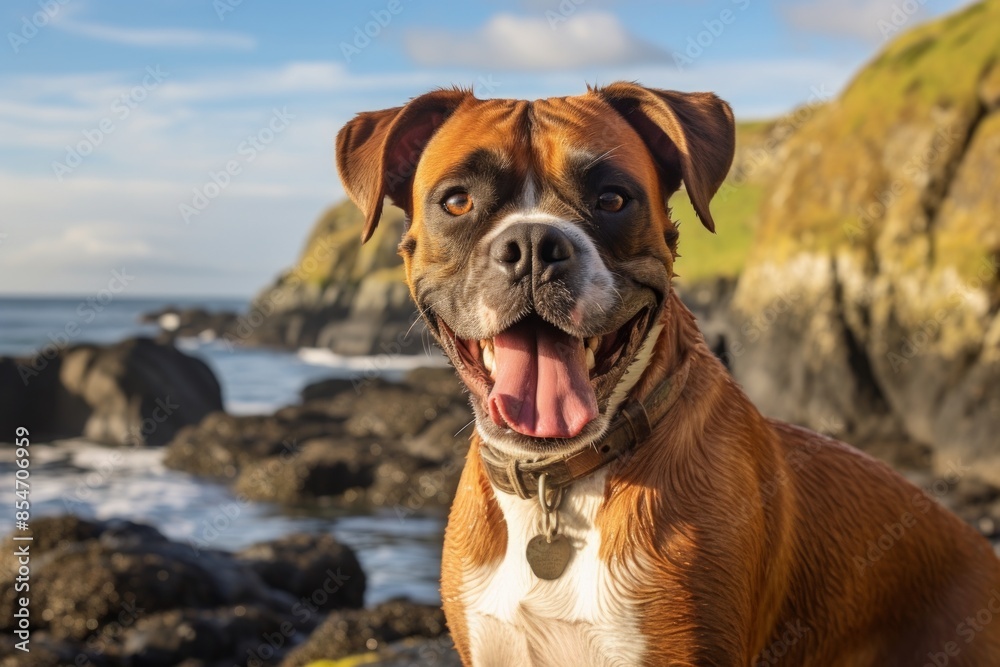 Portrait of a smiling boxer dog isolated in rocky shoreline background Portrait of a smiling boxer dog isolated in rocky shoreline background