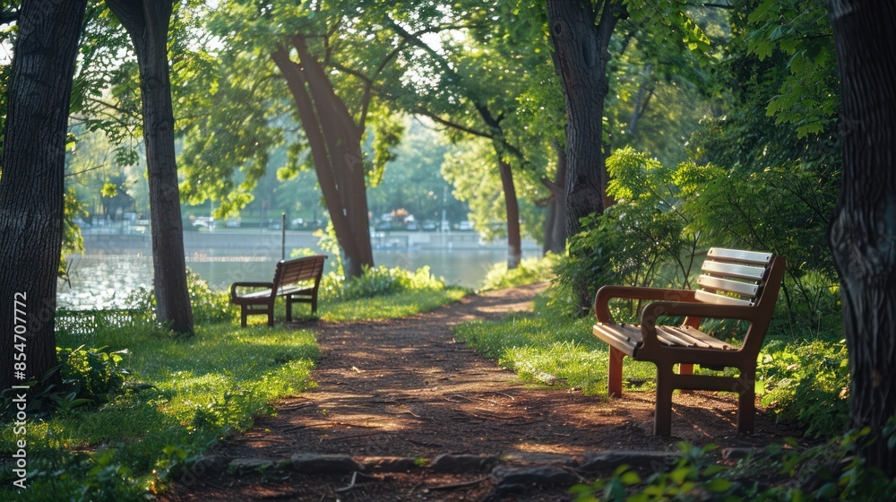 A peaceful riverside park with walking paths, benches, and lush greenery, offering a tranquil urban escape
