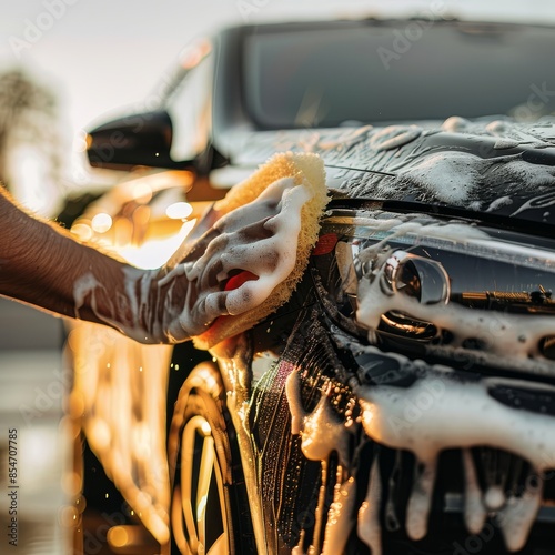 Car washer wipes windshield with foam sponge